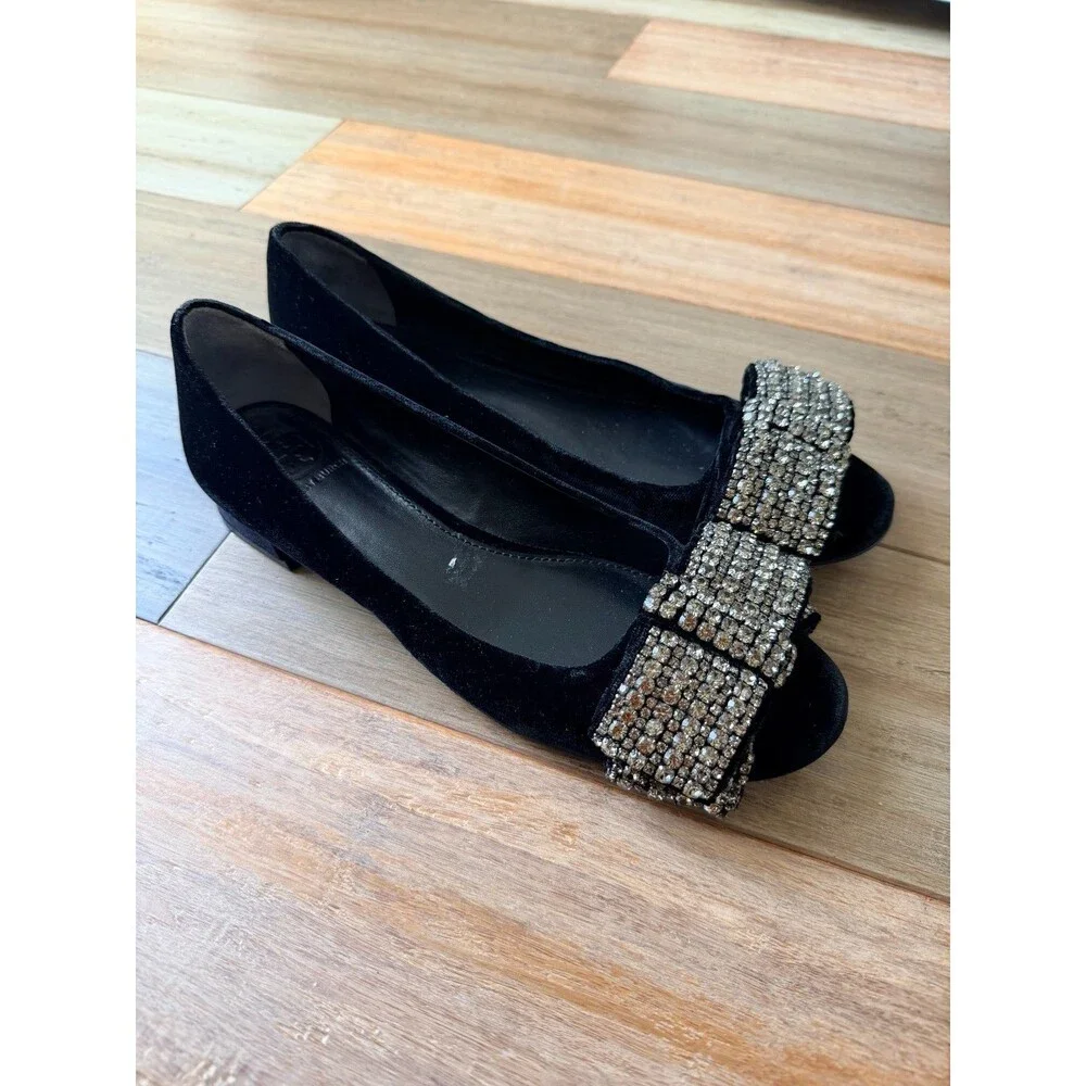 Tory Burch Black Velvet Peep Toe Crystal Bow Flats - Leather Sole - Size 6M